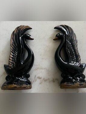 2 Vintage 1950's Art Deco Glazed Black Swans~Redware Ceramic Pottery~Japan